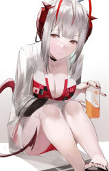 Rule 34 | 1girl, ahoge, alternate costume, arknights, bikini, black footwear, blazpu, breasts, can, cleavage, commentary, demon horns, demon tail, foot out of frame, grey background, grey hair, highres, holding, holding can, horns, knees up, large breasts, leaning forward, looking at viewer, nail polish, red bikini, red nails, sandals, shirt, short hair, sidelocks, simple background, sitting, smile, solo, swimsuit, tail, w (arknights), white shirt, yellow eyes