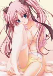 Rule 34 | 1girl, ayakaze ryuushou, bed, blue eyes, blush, breasts, collarbone, convenient censoring, garter belt, gradient background, hair censor, hair over breasts, hair ribbon, head tilt, highres, large breasts, leg lift, lingerie, long hair, looking at viewer, navel, nurse no obenkyou, open clothes, open mouth, open shirt, panties, pink hair, pink shirt, ribbon, shirt, sitting, solo, sweat, takano hina, thighhighs, topless, twintails, underwear, white thighhighs, yellow panties