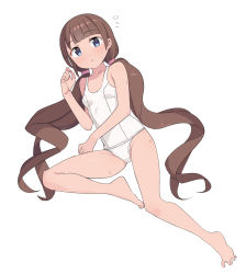 Rule 34 | 1girl, bare arms, bare legs, bare shoulders, barefoot, blue eyes, blunt bangs, breasts, brown hair, collarbone, full body, highres, long hair, looking at viewer, low twintails, one-piece swimsuit, original, saiste, school swimsuit, simple background, small breasts, solo, swimsuit, twintails, very long hair, white background, white one-piece swimsuit