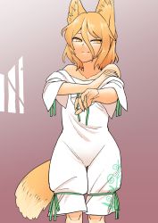 Rule 34 | 1girl, animal ears, bare shoulders, blonde hair, breasts, collarbone, fox ears, fox girl, fox tail, fuuzasa, gradient background, green ribbon, highres, kudamaki tsukasa, looking at viewer, neck ribbon, off shoulder, ribbon, romper, short hair, short sleeves, small breasts, smile, solo, tail, touhou, undressing, yellow eyes