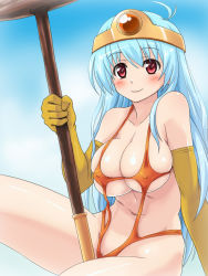 Rule 34 | 1girl, antenna hair, bare shoulders, blue hair, blush, breasts, chunsoft, circlet, cleavage, cleft of venus, covered erect nipples, dragon quest, dragon quest iii, enix, female focus, gradient background, highres, large breasts, long hair, mameshiba (pixiv 59310), navel, outdoors, red eyes, revealing swimsuit (dq), sage (dq3), sitting, sky, smile, solo, staff, swimsuit, underboob