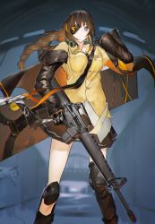 Rule 34 | 1girl, armband, assault rifle, black eyes, black gloves, black skirt, braid, breasts, buttons, carrying, carrying over shoulder, closed mouth, eyepatch, girls&#039; frontline, gloves, gun, headphones, headphones around neck, highres, holding, holding gun, holding weapon, jacket, knee pads, long hair, long sleeves, m16, m16a1, m16a1 (girls&#039; frontline), multicolored hair, necktie, panko (drive co), rifle, shirt, skirt, solo, standing, streaked hair, weapon