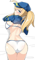 Rule 34 | 1girl, absurdres, ahoge, artoria pendragon (fate), ass, baseball cap, bed sheet, bikini, blonde hair, blue eyes, blue hat, blue jacket, blush, breast press, breasts, closed mouth, cropped jacket, fate/grand order, fate (series), hair between eyes, hair through headwear, hat, highres, jacket, large breasts, long hair, looking at viewer, looking back, lying, moyoron, mysterious heroine x (fate), mysterious heroine xx (fate), on stomach, ponytail, short sleeves, shrug (clothing), smile, solo, swimsuit, white bikini