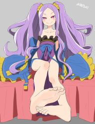 Rule 34 | 1girl, assassin of the nocturnal castle, bad id, bad twitter id, bare shoulders, barefoot, collarbone, dress, fate/grand order, fate (series), feet, foreshortening, japanese clothes, kimono, legs, long hair, off shoulder, pelvic curtain, purple dress, purple eyes, purple hair, salpin, sitting, smile, soles, solo, strapless, strapless dress, toes, twintails, very long hair, wu zetian (fate), wu zetian (first ascension) (fate)