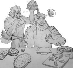 Rule 34 | 2boys, abs, animal ears, arknights, bara, birthday, birthday cake, bulge, cake, character cake, eating, facial hair, food, furry, furry male, goatee, greyscale, highres, holding, holding cake, holding food, hung (arknights), jockstrap, kenken19098419, large pectorals, male focus, male underwear, monochrome, mountain (arknights), multiple boys, muscular, muscular male, nipples, pectorals, scar, scar across eye, scar on arm, short hair, stomach, table, tail, tail wagging, tank top, thick eyebrows, thought bubble, tiger boy, tiger ears, topless male, underwear, upper body, yaoi