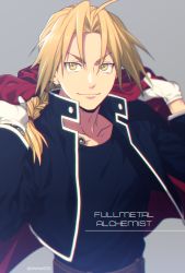 Rule 34 | 1boy, ahoge, blurry, braid, braided ponytail, cloak, closed mouth, commentary request, copyright name, depth of field, edward elric, fullmetal alchemist, gloves, grey background, hair between eyes, light brown hair, long hair, looking at viewer, male focus, mashima shima, parted bangs, red cloak, simple background, smile, solo, twitter username, upper body, white gloves, yellow eyes