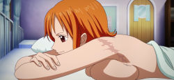 Rule 34 | 1girl, breast press, breasts, brown eyes, crossed arms, female focus, huge breasts, large breasts, lying, nami (one piece), nude, on stomach, one piece, orange hair, scar, screencap, short hair, sideboob, smile, solo, stitched, third-party edit