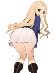 Rule 34 | 1girl, absurdres, ass, bc freedom military uniform, beijuu, black footwear, blue jacket, boots, closed mouth, commentary request, drill hair, girls und panzer, green eyes, highres, jacket, kneepits, knees together feet apart, light brown hair, long hair, looking at viewer, marie (girls und panzer), pleated skirt, simple background, skirt, smile, solo, white background, white skirt