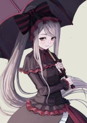 Rule 34 | 1girl, breasts, commentary request, dress, fagi (kakikaki), fang, frilled dress, frills, gothic lolita, grey background, holding, holding umbrella, lolita fashion, long hair, looking at viewer, overlord (maruyama), ponytail, red eyes, shalltear bloodfallen, silver hair, simple background, small breasts, smile, solo, umbrella, vampire, very long hair