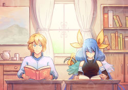 Rule 34 | 1boy, 1girl, asymmetrical wings, blonde hair, blue eyes, blue hair, book, bow, commentary, cubehero, cup, curtains, detached sleeves, dizzy (guilty gear), guilty gear, guilty gear xx, hair bow, indoors, ky kiske, long hair, looking at another, open book, painting (object), reading, red eyes, short hair, smile, tail, tail bow, tail ornament, teacup, window, wings