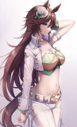 Rule 34 | 1girl, absurdres, ahoge, alan (210bush), animal ears, arm strap, arm up, blue eyes, breasts, brown hair, cleavage, commentary, cowboy shot, crop top, gradient background, green shirt, grey background, hat, high collar, highres, horse ears, jacket, large breasts, long hair, long sleeves, looking at viewer, midriff, mini hat, mini top hat, mr. c.b. (umamusume), navel, open clothes, open jacket, pants, shirt, single bare shoulder, single sleeve, smile, solo, standing, stomach, strapless, strapless shirt, thighs, top hat, umamusume, very long hair, white background, white hat, white jacket, white pants