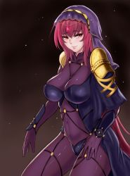 Rule 34 | 1girl, akira (yuibnm71), armor, blush, bodysuit, breasts, closed mouth, covered navel, cowboy shot, fate/grand order, fate (series), from side, highres, large breasts, long hair, looking at viewer, looking to the side, pauldrons, purple bodysuit, purple hair, red eyes, scathach (fate), shoulder armor, smile, solo, veil, very long hair