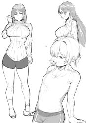 Rule 34 | 2girls, absurdres, dolphin shorts, greyscale, hair between eyes, highres, kowai (iamkowai), monochrome, multiple girls, multiple views, original, ribbed sweater, short hair, short twintails, shorts, simple background, sketch, sweater, tank top, twintails, white background