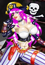 Rule 34 | 1girl, alternate costume, blue eyes, breasts, capcom, choker, cleavage, dokudami kusa, earrings, elbow gloves, eyepatch, gloves, gun, handgun, hat, holster, hoop earrings, jewelry, large breasts, lips, lipstick, long hair, makeup, midriff, navel, pants, pink hair, pirate, pirate hat, pistol, poison (final fight), skull and crossbones, solo, street fighter, street fighter iv (series), striped, vertical stripes, weapon