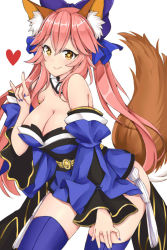 Rule 34 | 1girl, animal ear fluff, animal ears, bare shoulders, blue kimono, blue ribbon, blue thighhighs, blush, breasts, cleavage, collarbone, fate/grand order, fate (series), fox ears, fox girl, fox shadow puppet, fox tail, hair ribbon, heart, heart-shaped pupils, japanese clothes, kimono, large breasts, looking at viewer, mo (k40633), nail polish, pink hair, ribbon, simple background, symbol-shaped pupils, tail, tamamo (fate), tamamo no mae (fate/extra), thighhighs, white background, yellow eyes