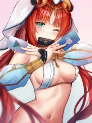 Rule 34 | 1girl, ;), absurdres, aqua eyes, atychi, breasts, credit card, genshin impact, google play, highres, horns, long hair, long sleeves, looking at viewer, medium breasts, navel, nilou (genshin impact), one eye closed, out-of-frame censoring, puffy long sleeves, puffy sleeves, red hair, smile, twintails, vambraces, veil