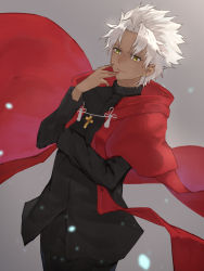 Rule 34 | 1boy, aito, amakusa shirou (fate), cape, commentary request, cowboy shot, cross, dark-skinned male, dark skin, earrings, fate/grand order, fate (series), grey background, highres, jewelry, long sleeves, looking at viewer, male focus, medium hair, red cape, ribbon, simple background, smile, solo, uniform, white hair, yellow eyes
