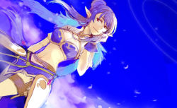 Rule 34 | 00s, 1girl, bad id, bad pixiv id, blue background, blue hair, breasts, day, elf, gloves, judith (tales), koku 666, long hair, medium breasts, midriff, navel, pointy ears, ponytail, purple eyes, sky, smile, solo, tales of (series), tales of vesperia, white gloves