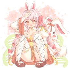 Rule 34 | 1girl, animal ears, arch bishop (ragnarok online), blush, breasts, brown footwear, c8oyk, cleavage, cleavage cutout, clothing cutout, commentary, cross, dress, fishnet thighhighs, fishnets, flower, frilled thighhighs, frills, full body, hair flower, hair ornament, high heels, highres, juliet sleeves, large breasts, long hair, long sleeves, looking at viewer, no panties, open mouth, orange eyes, pink flower, pink hair, puffy sleeves, rabbit ears, ragnarok online, red dress, sash, sitting, smile, solo, stuffed animal, stuffed rabbit, stuffed toy, thighhighs, two-tone dress, white dress, white thighhighs, yellow sash