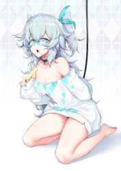 Rule 34 | 1girl, absurdres, arm behind back, bare legs, bare shoulders, barefoot, black choker, blue-framed eyewear, blue eyes, blue nails, blue ribbon, breasts, choker, cleavage, commentary request, dripping, food, food on body, food on legs, from side, full body, girls&#039; frontline, glasses, hair between eyes, hair ribbon, hand up, heart, heart necklace, heart print, highres, holding, holding food, jewelry, leaning forward, legs, long hair, long sleeves, looking at viewer, melting, messy hair, nail polish, necklace, no bra, no pants, off-shoulder shirt, off shoulder, official alternate costume, open mouth, pa-15 (girls&#039; frontline), pa-15 (marvelous yam pastry) (girls&#039; frontline), popsicle, ribbon, seiza, shirt, silver hair, sitting, solo, thighs, torn clothes, torn shirt, very long hair, white shirt, yoru sei