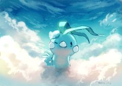 Rule 34 | above clouds, altaria, animal focus, bad id, bad pixiv id, bird, blue sky, blue theme, cloud, cloudy sky, commentary request, creatures (company), day, fluffy, game freak, gen 3 pokemon, looking at viewer, manino (mofuritaionaka), nintendo, one eye closed, outdoors, pokemon, pokemon (creature), signature, sky, swablu