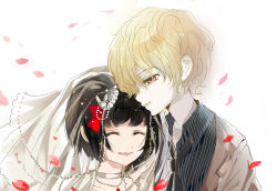 Rule 34 | 1boy, 1girl, ^ ^, alternate hairstyle, alternate universe, aya drevis, bad id, bad pixiv id, black hair, blonde hair, bow, bridal veil, bride, choker, closed eyes, collared shirt, couple, dio (mad father), dress, hair bow, hair ornament, hairpin, highres, light smile, mad father, necktie, object spring, open mouth, orange eyes, petals, red eyes, shirt, short hair, smile, tears, veil, wedding dress