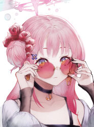 Rule 34 | 1girl, absurdres, adjusting eyewear, black choker, blue archive, blue eyes, choker, closed mouth, collarbone, commentary, crescent choker, expressionless, hair bun, hair ornament, halo, highres, long hair, long sleeves, looking at viewer, looking over eyewear, mika (blue archive), oni22, pink-tinted eyewear, pink hair, pink halo, round eyewear, see-through, see-through sleeves, simple background, single side bun, sleeves past wrists, solo, sunglasses, tinted eyewear, two-tone eyes, upper body, white background, yellow eyes