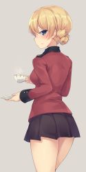 Rule 34 | 10s, 1girl, blonde hair, blue eyes, cup, darjeeling (girls und panzer), from behind, girls und panzer, grey background, highres, looking back, metindone, profile, saucer, smile, solo, teacup, thighs, uniform