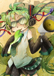 1girl :3 black_skirt blush brown_background cable collarbone commentary drop_shadow english_commentary green_hair hatsune_miku headset holding holding_megaphone j-stein megaphone pleated_skirt shirt skirt sleeveless sleeveless_shirt sleeves_past_fingers sleeves_past_wrists spring_onion sunglasses tie_clip twintails vocaloid white_shirt