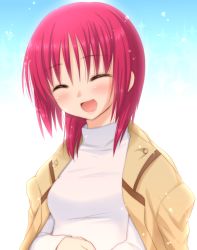 Rule 34 | 10s, 1girl, angel beats!, blue background, blush, buttons, closed eyes, happy, iwasawa masami, jacket, jacket on shoulders, nakamura hinato, open mouth, red eyes, red hair, short hair, shy, smile, solo, sparkle, sweater, tongue, white background