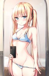 Rule 34 | 1girl, bad id, bad pixiv id, bare shoulders, beliatan, blonde hair, blue eyes, blunt bangs, blush, bra, breasts, cellphone, cleavage, closed mouth, collarbone, cowboy shot, frown, groin, hair ribbon, highres, indoors, long hair, looking at viewer, mirror, navel, panties, panty pull, phone, pulling own clothes, ribbon, saenai heroine no sodatekata, sawamura spencer eriri, selfie, small breasts, smartphone, solo, thighs, twintails, underwear, underwear only