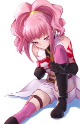 Rule 34 | 1girl, anya alstreim, black footwear, black gloves, boots, closed mouth, code geass, crop top, elbow gloves, frown, gloves, holding, knee boots, long hair, looking down, midriff, pink eyes, pink hair, pink thighhighs, ponytail, short shorts, shorts, simple background, sitting, solo, soraao0322, stomach, tattoo, thigh strap, thighhighs, white background, white shorts