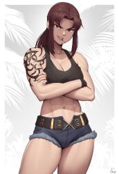 Rule 34 | 1girl, abs, absurdres, bare shoulders, belt, black belt, black gloves, black lagoon, blue shorts, breasts, brown eyes, brown hair, cigarette, cleavage, contrapposto, cowboy shot, crop top, crossed arms, cutoffs, denim, denim shorts, fingerless gloves, gloves, grin, highres, large breasts, long hair, looking at viewer, midriff, mouth hold, navel, open fly, ponytail, revy (black lagoon), short shorts, shorts, shoulder tattoo, signature, smile, solo, speedl00ver, standing, tattoo, thick thighs, thighs, toned, tribal tattoo, v-shaped eyebrows