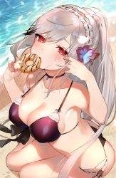 Rule 34 | 1girl, adapted costume, alternate costume, armpits, asagi yuna, ass, azur lane, beach, bikini, blush, braid, breasts, butterfly hair ornament, choker, cleavage, collarbone, crown braid, day, doughnut, dunkerque (azur lane), dunkerque (summer sucre) (azur lane), floating hair, flower, food, front-tie top, grey hair, hair ornament, hairband, half-closed eyes, headdress, holding, holding food, large breasts, long hair, looking at viewer, ocean, open mouth, outdoors, petals, playing with own hair, ponytail, purple bikini, red eyes, ripples, sand, sidelocks, sitting, solo, swimsuit, thighs, wind, yokozuwari