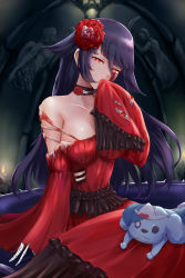 Rule 34 | 1girl, black hair, blood, blood on face, blood stain, bone, breasts, bride, bright pupils, choker, dog, dress, flower, hair ornament, hand to own mouth, head tilt, highres, jojobirdz, large breasts, long hair, monster girl, red eyes, romero (zombie land saga), rose, sitting, torn clothes, torn dress, very long hair, yamada tae, zombie, zombie land saga