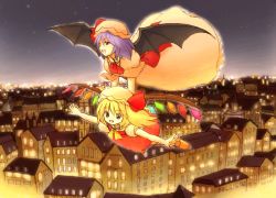 Rule 34 | 2girls, :d, ascot, bad id, bad pixiv id, bat wings, blonde hair, building, carrying, collar, dress, eijima moko, flandre scarlet, flying, hat, hat ribbon, multiple girls, night, night sky, open mouth, outdoors, outstretched arms, puffy short sleeves, puffy sleeves, purple hair, red eyes, remilia scarlet, ribbon, short sleeves, siblings, side ponytail, sisters, skirt, skirt set, sky, smile, spread arms, touhou, wings