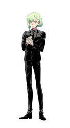 Rule 34 | 1boy, bad id, bad twitter id, black shirt, blouse, collared shirt, formal, full body, gloves, green hair, highres, ke889, lio fotia, male focus, necktie, own hands together, promare, purple eyes, shirt, solo, standing, suit