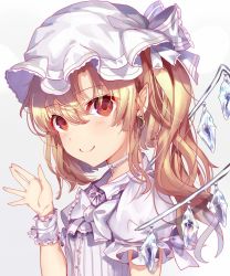 Rule 34 | 1girl, alternate color, alternate costume, bad id, bad pixiv id, blonde hair, bow, bowtie, choker, collared shirt, crescent, crescent earrings, cross, cross necklace, crystal, earrings, flandre scarlet, frilled bow, frilled hat, frilled sleeves, frills, from side, hand up, hat, hat bow, highres, jewelry, looking at viewer, medium hair, mob cap, natsupi, neck ribbon, necklace, one side up, pointy ears, puffy short sleeves, puffy sleeves, red eyes, ribbon, shirt, short sleeves, side ponytail, simple background, smile, solo, touhou, white shirt, wings, wristband
