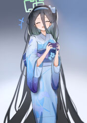 Rule 34 | 1girl, absurdly long hair, absurdres, andersonalac, aqua halo, aris (blue archive), black hair, blue archive, blue bow, blue hairband, bow, closed eyes, controller, facing viewer, game controller, gradient background, hair between eyes, hair bow, hairband, halo, highres, holding, holding controller, holding game controller, japanese clothes, kimono, long hair, long sleeves, open mouth, print kimono, smile, solo, rectangular halo, teeth, upper teeth only, very long hair, wide sleeves