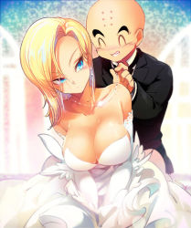Rule 34 | 1boy, 1girl, ^ ^, android 18, bald, bare shoulders, black neckwear, blonde hair, blue eyes, blurry, blurry background, breasts, bride, cleavage, clenched teeth, closed eyes, closed mouth, collarbone, collared shirt, couple, dragon ball, dragonball z, dress, earrings, elbow gloves, expressionless, eyelashes, eyes visible through hair, formal, glint, gloves, grin, groom, hand up, happy, hetero, husband and wife, jewelry, kuririn, lace, lace gloves, large breasts, leaning, leaning to the side, light blush, looking at another, looking to the side, medium breasts, necklace, no bra, no nose, ommmyoh, putting on jewelry, shaved head, shiny skin, shirt, short hair, smile, straight hair, strapless, strapless dress, suit, teeth, twitter username, v-shaped eyebrows, v arms, wedding dress, white dress, white gloves, white shirt
