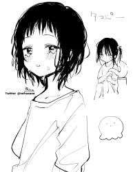 Rule 34 | absurdres, blush, copyright request, crying, crying with eyes open, greyscale, highres, knees up, looking at viewer, monochrome, parted lips, shirt, short sleeves, signature, simple background, sitting, sofra, takopii no genzai, tears, translation request, twitter username, two side up, white background
