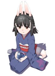 Rule 34 | 1girl, animal ears, ball, black hair, blue kimono, blush, brown eyes, commentary request, crystal ball, extra ears, fox ears, fox tail, full body, gengorou, hasaha, holding, holding ball, japanese clothes, kimono, looking at viewer, obi, parted lips, pointy ears, sash, short eyebrows, simple background, sitting, socks, solo, summon night, summon night 2, tabi, tail, white background, white socks, yokozuwari