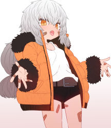 Rule 34 | 1girl, bandaid, bandaid on cheek, bandaid on face, bandaid on hand, belt, black shorts, breasts, brown belt, copyright request, fang, fur trim, gradient background, gradient hair, grey hair, highres, jacket, long hair, long sleeves, looking at viewer, multicolored hair, open clothes, open jacket, orange eyes, orange jacket, outstretched arms, ponytail, shirt, shorts, simple background, small breasts, solo, spread arms, standing, sumiyao (amam), tongue, tongue out, too many bandaids, white background, white shirt