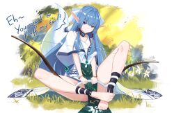 Rule 34 | 1girl, absurdres, barefoot, blue eyes, blue hair, bow, bow (weapon), closed mouth, collarbone, commentary, commission, dress, english commentary, english text, flower, grass, hair bow, highres, holding, holding bow (weapon), holding weapon, long hair, looking at viewer, nstch root a, olha (ys), on grass, pelvic curtain, pointy ears, sidelocks, sitting, smile, solo, tail, toes, weapon, white bow, white dress, white flower, ys, ys vi ark of napishtim