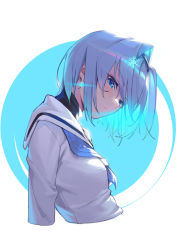 Rule 34 | 1girl, absurdres, blue background, blue eyes, blue hair, blue neckwear, breasts, chinese commentary, closed mouth, commentary, cropped torso, earrings, from side, hair intakes, hair ornament, hairband, head tilt, highres, jacket, jewelry, li-mi, looking down, ryuuou no oshigoto!, sailor collar, shirt, short hair, simple background, small breasts, snowflake earrings, snowflake hair ornament, solo, sora ginko, turtleneck, two-tone background, upper body, white background, white jacket, white shirt