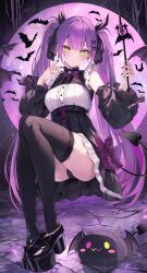 Rule 34 | 1girl, aria (ariacue), bibi (tokoyami towa), black bow, black footwear, black nails, black panties, black ribbon, black skirt, black sleeves, black thighhighs, blush, bow, breasts, closed mouth, colored inner hair, demon girl, demon tail, detached sleeves, ear piercing, frilled sleeves, frills, green eyes, hair bow, hair ornament, hairclip, highres, hololive, lace, lace-trimmed legwear, lace trim, long hair, looking at viewer, medium breasts, multicolored hair, panties, piercing, pink hair, pleated skirt, purple hair, ribbon, skirt, smile, solo, streaked hair, tail, tail ornament, tail piercing, thighhighs, thighs, tokoyami towa, twintails, underwear, virtual youtuber