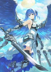 Rule 34 | 1girl, absurdres, angel, armpits, bare shoulders, black thighhighs, blue eyes, blue hair, blue sky, blue wings, breasts, closed mouth, cloud, commentary request, day, dress, flying, gauntlets, hair intakes, halo, highres, holding, holding sword, holding weapon, huge filesize, looking at viewer, medium breasts, armored boots, original, outdoors, sky, smile, solo, spread wings, sword, thighhighs, wasabi60, weapon, white dress, wings