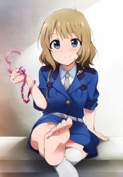 Rule 34 | 10s, 1girl, barefoot, blue eyes, blush, brown hair, checkered necktie, commentary request, cuffs, feet, handcuffs, highres, idolmaster, idolmaster million live!, kaiga, looking at viewer, necktie, pencil skirt, police, police uniform, policewoman, short hair, single thighhigh, sitting, skirt, smile, soles, solo, suou momoko, thighhighs, toes, uniform, white thighhighs