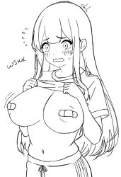 Rule 34 | 1girl, areola slip, bandaid, bandaids on nipples, blush, breasts, clothes lift, covered erect nipples, embarrassed, hands on own chest, highres, large breasts, monochrome, navel, open mouth, original, pasties, shirt lift, shorts, sketch, soccer uniform, solo, sportswear