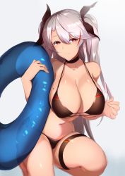 Rule 34 | 1girl, azur lane, bikini, black bikini, black ribbon, breasts, brown eyes, cleavage, closed mouth, collarbone, commentary request, flag print, german flag bikini, grey background, hair ribbon, halterneck, holding, holding swim ring, innertube, kameponde, large breasts, looking at viewer, mole, mole on breast, multicolored hair, navel, prinz eugen (azur lane), prinz eugen (unfading smile) (azur lane), red hair, ribbon, side-tie bikini bottom, side-tie bottom, silver hair, simple background, smile, solo, stomach, streaked hair, swim ring, swimsuit, thigh strap, transparent, two-tone hair, two side up
